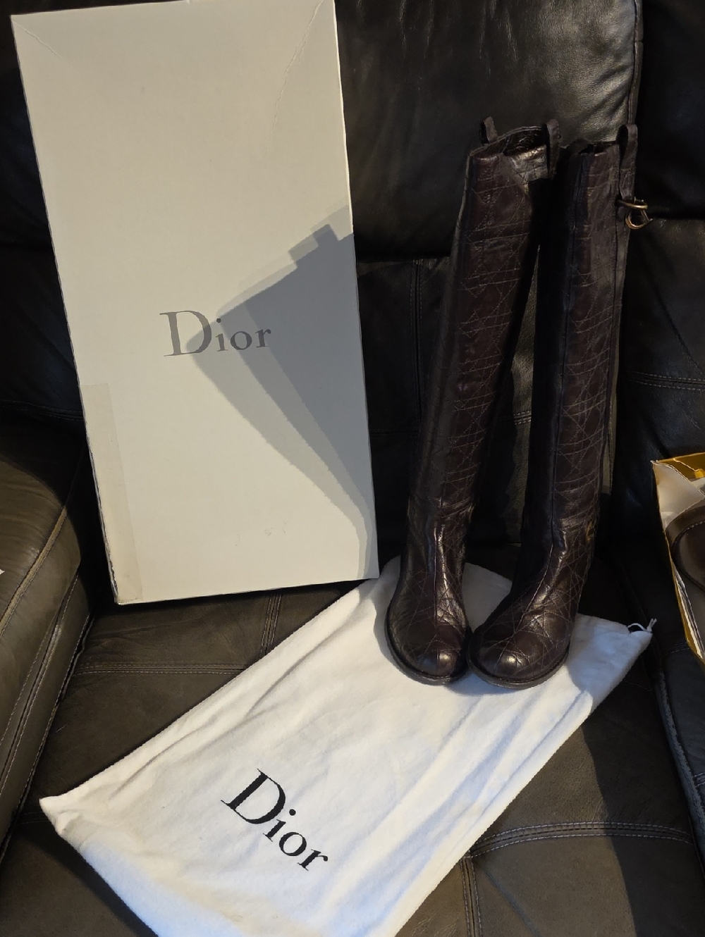 Dior Dark Brown Over-the-Knee Croc-Embossed Leather Boots